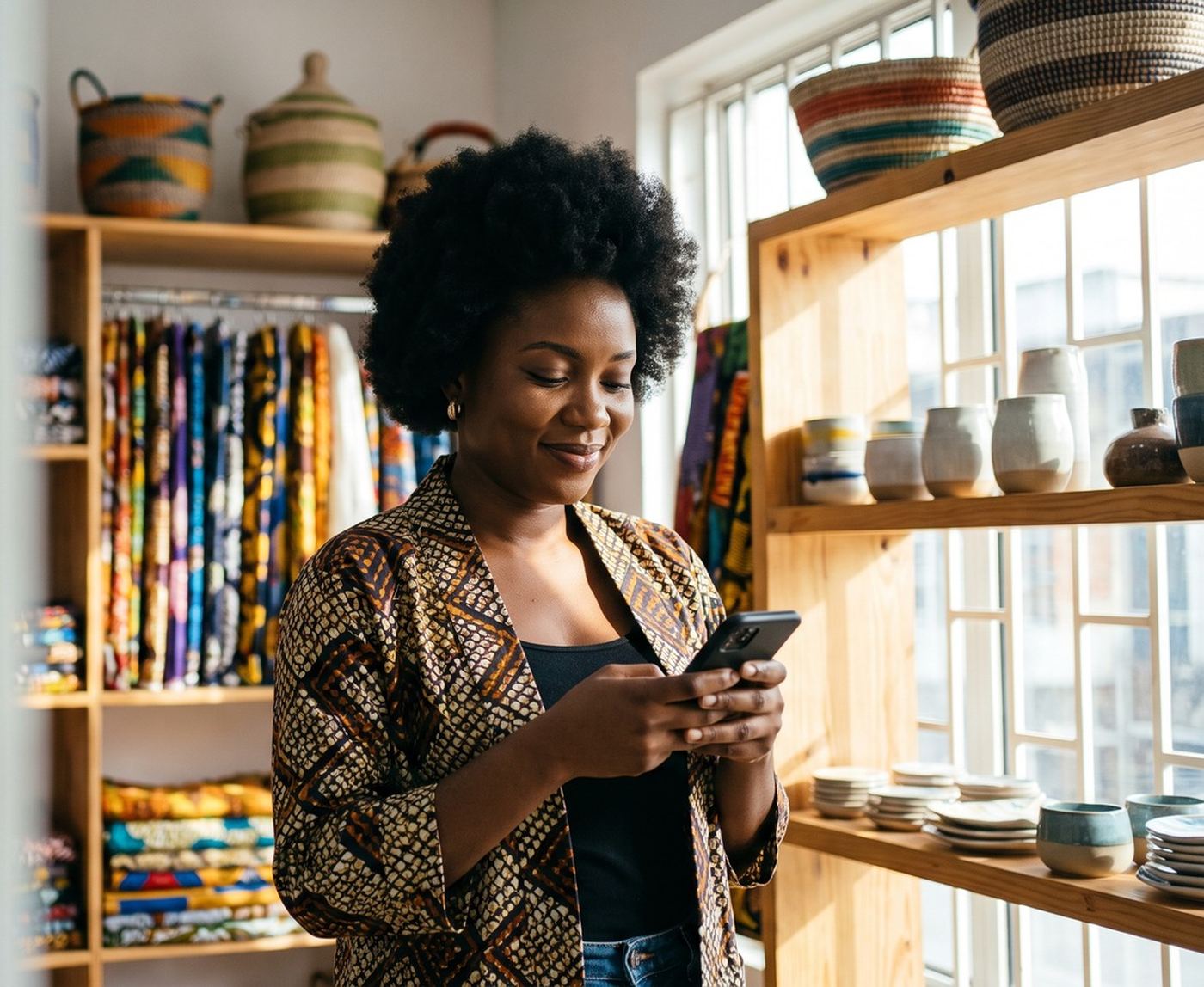 A shop owner checking her phone among shelves of fabric and ceramics