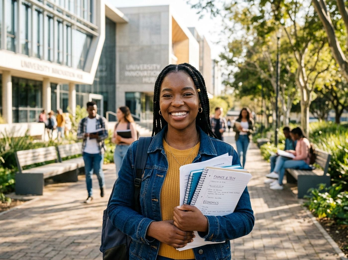 A student on a university campus holding her notebooks