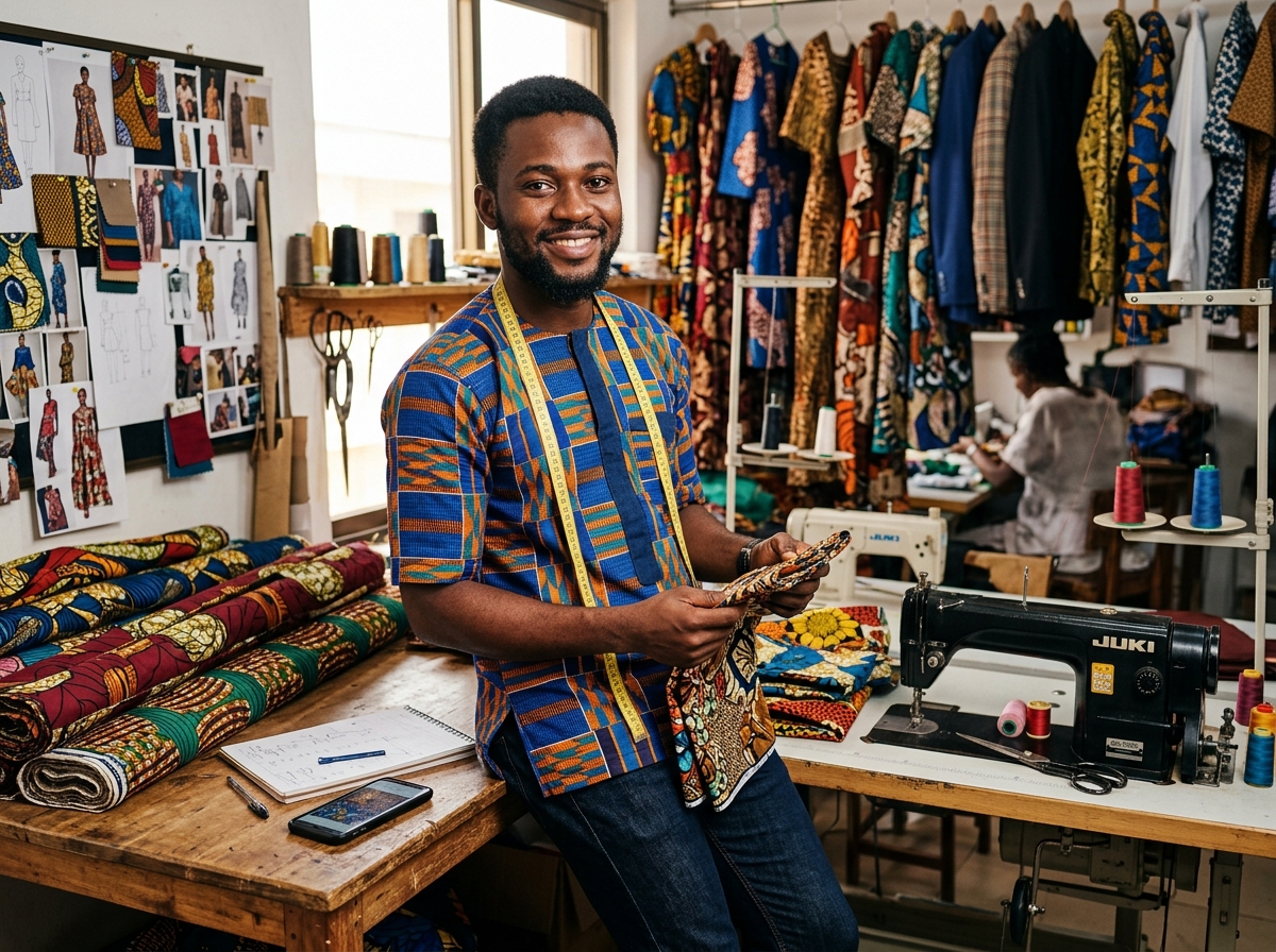 African fashion designer in his tailoring workshop